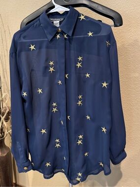 Melbourne Classix Navy and Gold Star Embroidered Button-Up Blouse-USA